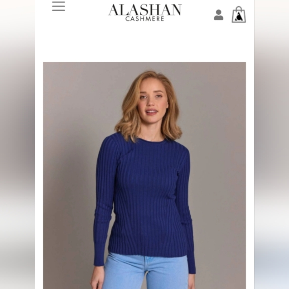 Alashan Navy Cotton Cashmere Blair Rib Crew Neck size Large